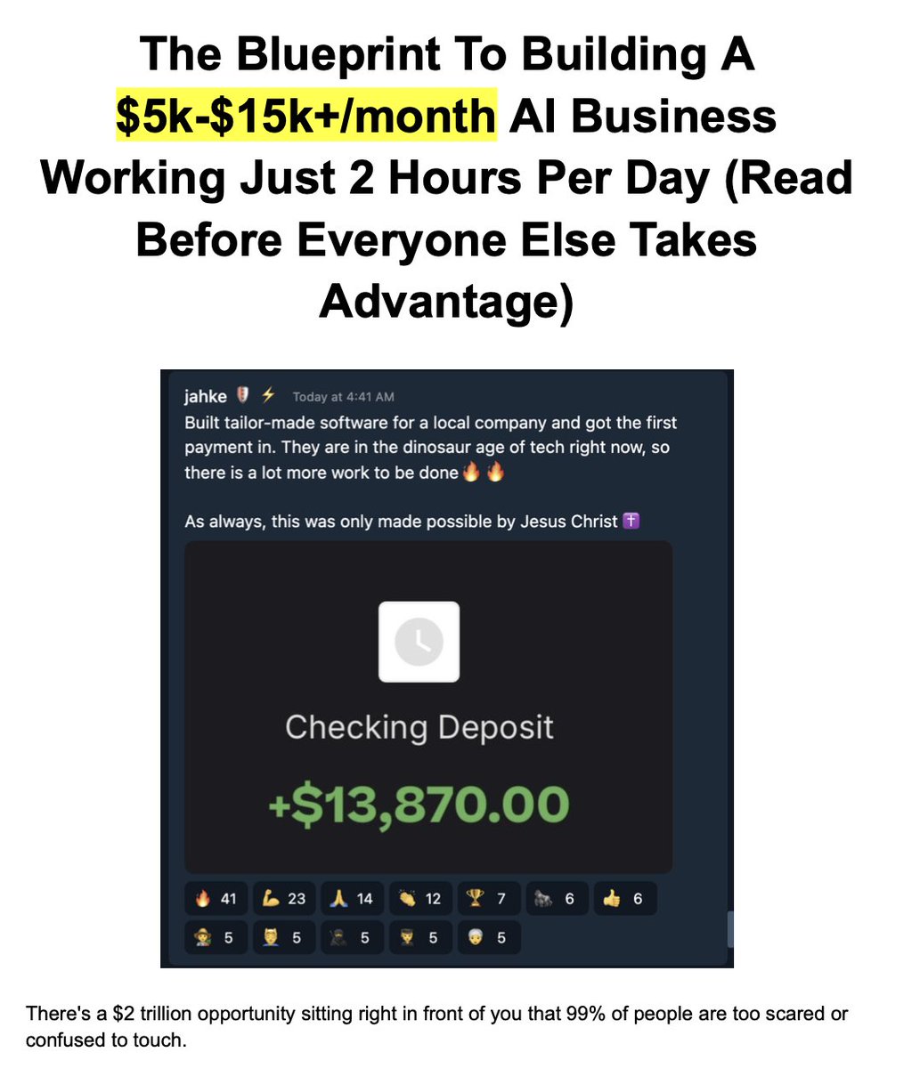 everyone is saying to start an ai business but nobody is teaching you how.

here's a step-by-step guide that shows you:

- the 7 best ai businesses to start in 2025
- how to get ai business clients within 48 hours
- how to price your ai services

comment "START" + repost and i'll