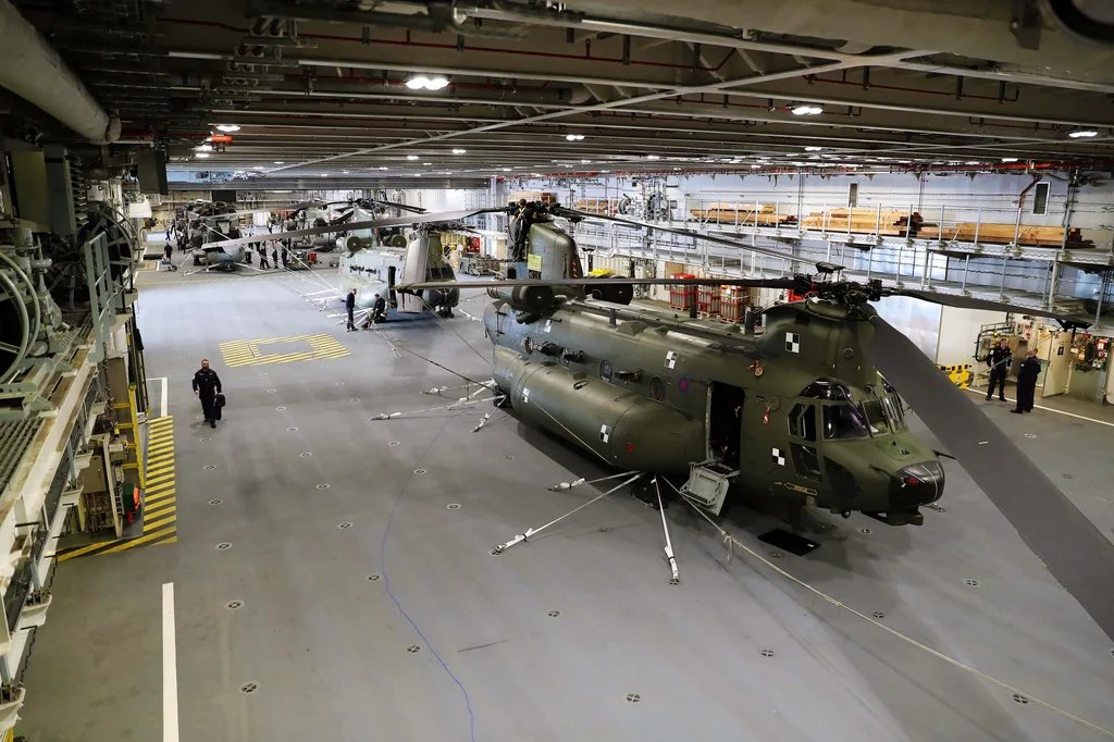 Pictures:-

HMS Queen Elizabeth hangar with Chinook helicopters. Without blade fold, Chinooks take up a significant amount of space