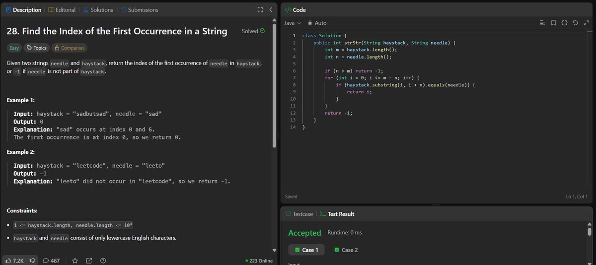 rituu_09's tweet image. Day 311 of 2025:                                
👩‍💻 Code to Crack Companies! 
🧩 Q21: Container With Most Water
🧩 Q22: Find the Index of the First Occurrence in a String      
#CodingJourney #PlacementPrep #2025Goals #leetcode #letsconnect