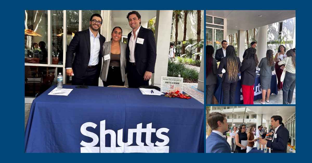Last week, #Shutts participated in the UM School of Law 28th Annual Informational Career Fair for the Private Sector. Attorneys Giancarlo Cueto and Bobby Cardenas connected with 1L students, sharing insights about our Summer Associate Program and the application process.