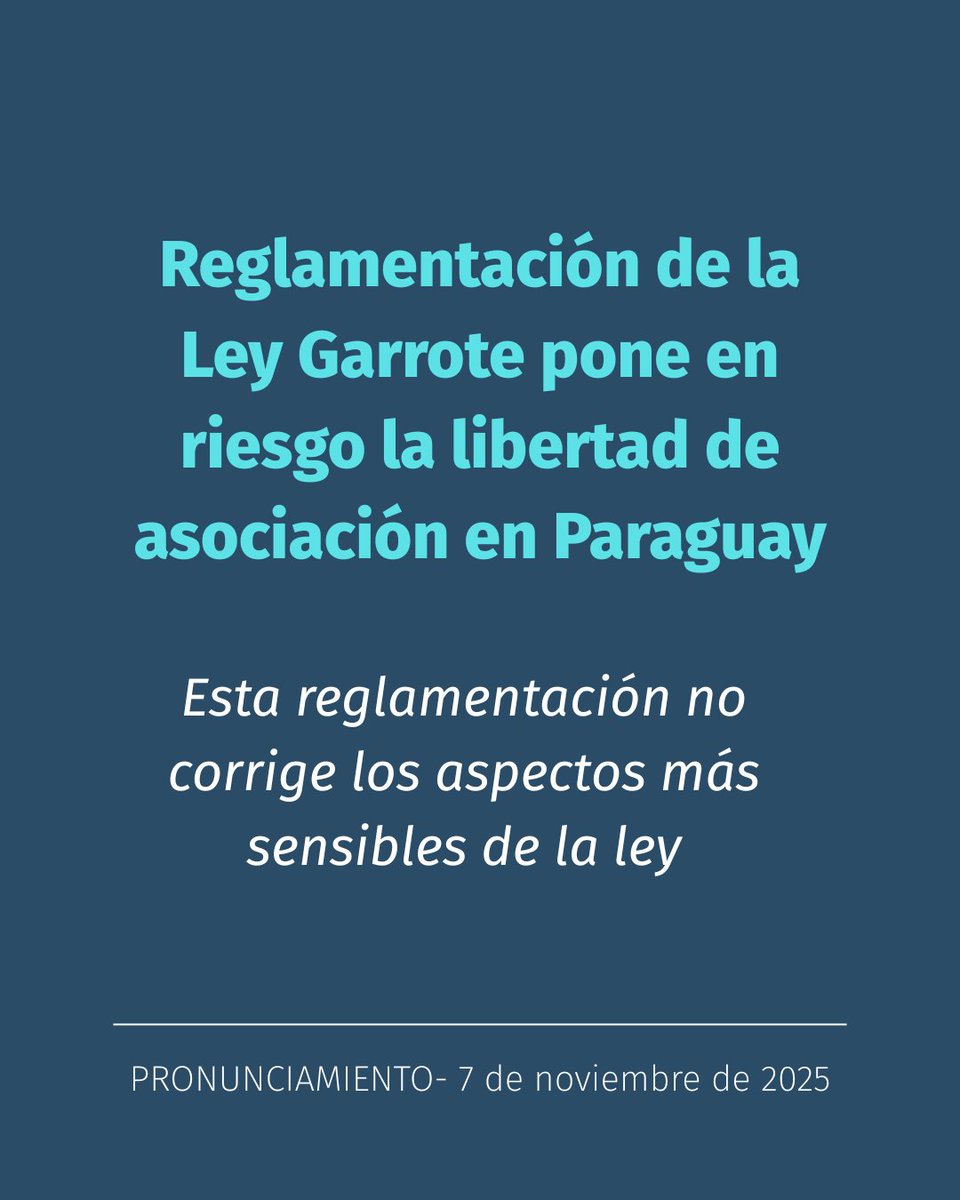 🚨 La reglamentación de la Ley Garrote amenaza la libertad de asociación en Paraguay.

Desde Codehupy alertamos sobre riesgos de controles arbitrarios y restricciones al trabajo de organizaciones.

🔗 Leé nuestro pronunciamiento: 
bit.ly/4nHneZC
 
#Leygarrote