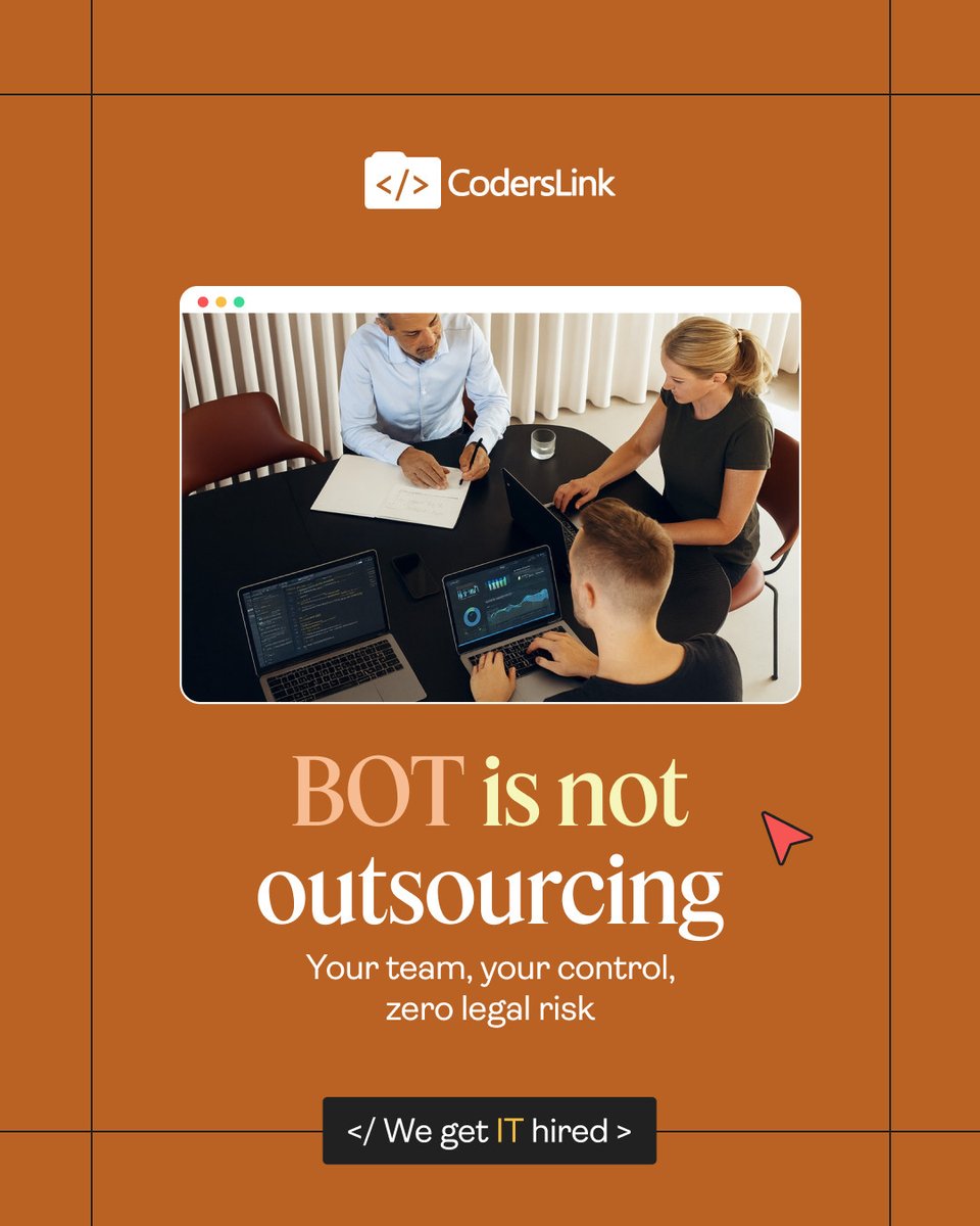 hirecoderslink's tweet image. BOT ≠ outsourcing 💼

⚙️It’s your team, your control with zero legal risk.Build in LATAM, operate with CodersLink, and own it when you’re ready.

coderslink.com/employers/buil…