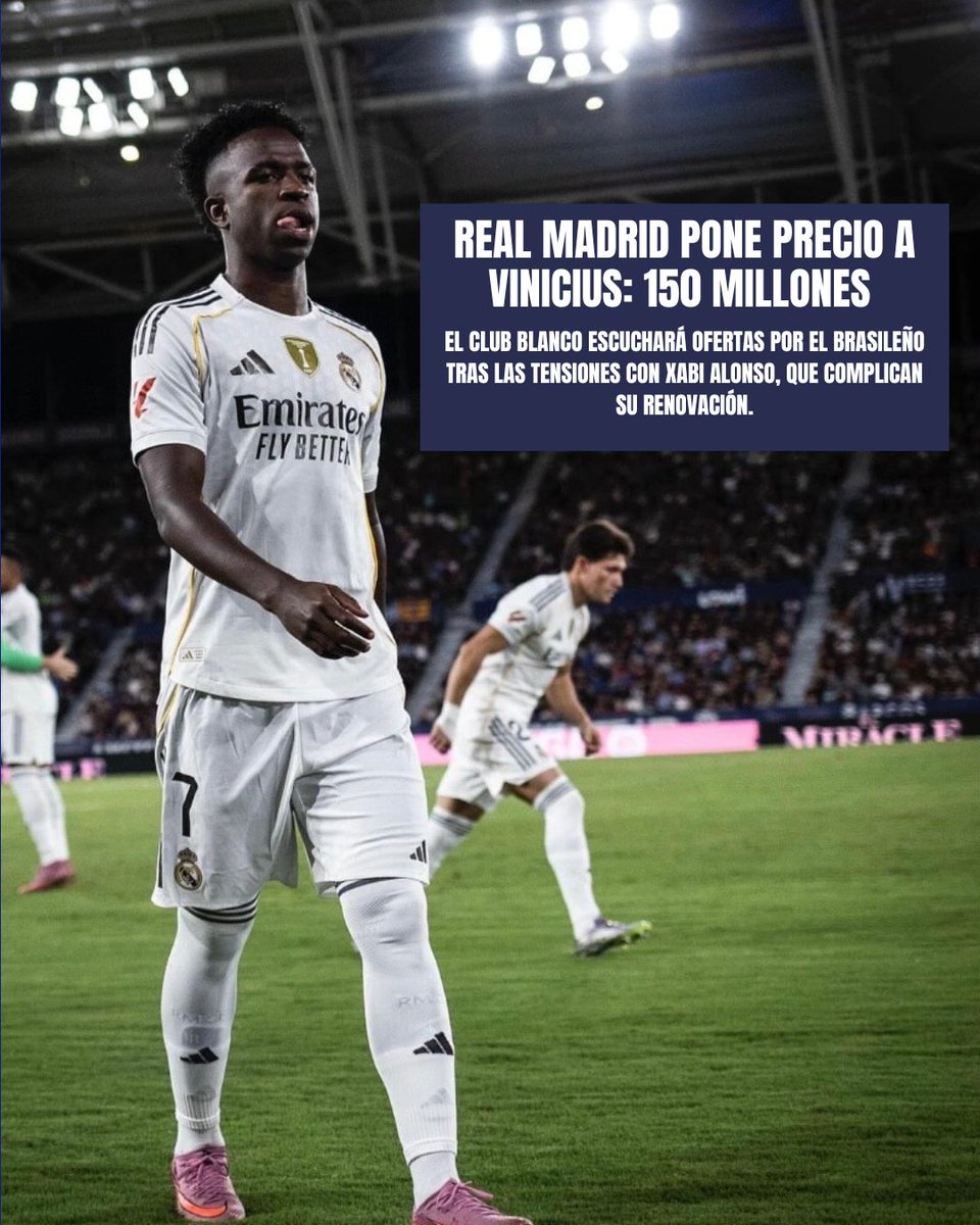 🚨 El Real Madrid escuchará ofertas por Vinicius Jr a partir de 150 millones de euros. Las tensiones con Xabi Alonso complican su renovación. ¿Se viene el final de la era Vinicius en el Bernabéu? 🏟️