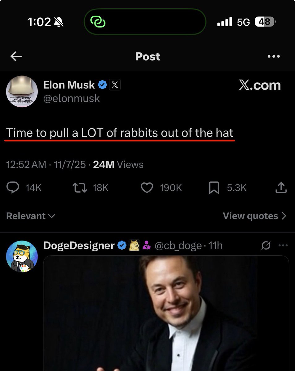 TheSonOfWalkley's tweet image. BREAKING: ELON MUSK SAYS — “TIME TO PULL A LOT OF RABBITS OUT THE HAT” 👀 $TSLA

Bullish for Tesla investors !