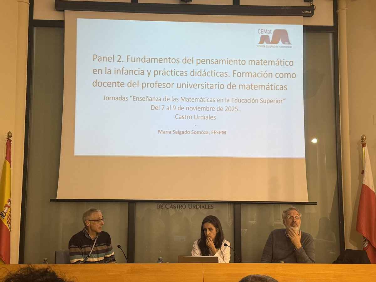 RealSocMatEsp's tweet photo. Comienza el Panel 2 “Fundamentos del pensamiento matemático en la infancia y prácticas didácticas. Formación como docente del profesor universitario de matemáticas 
Ponentes: Carlos De Castro y María Salgado 
Modera: Carlos Gorria https://t.co/vBvE2Pl4bG