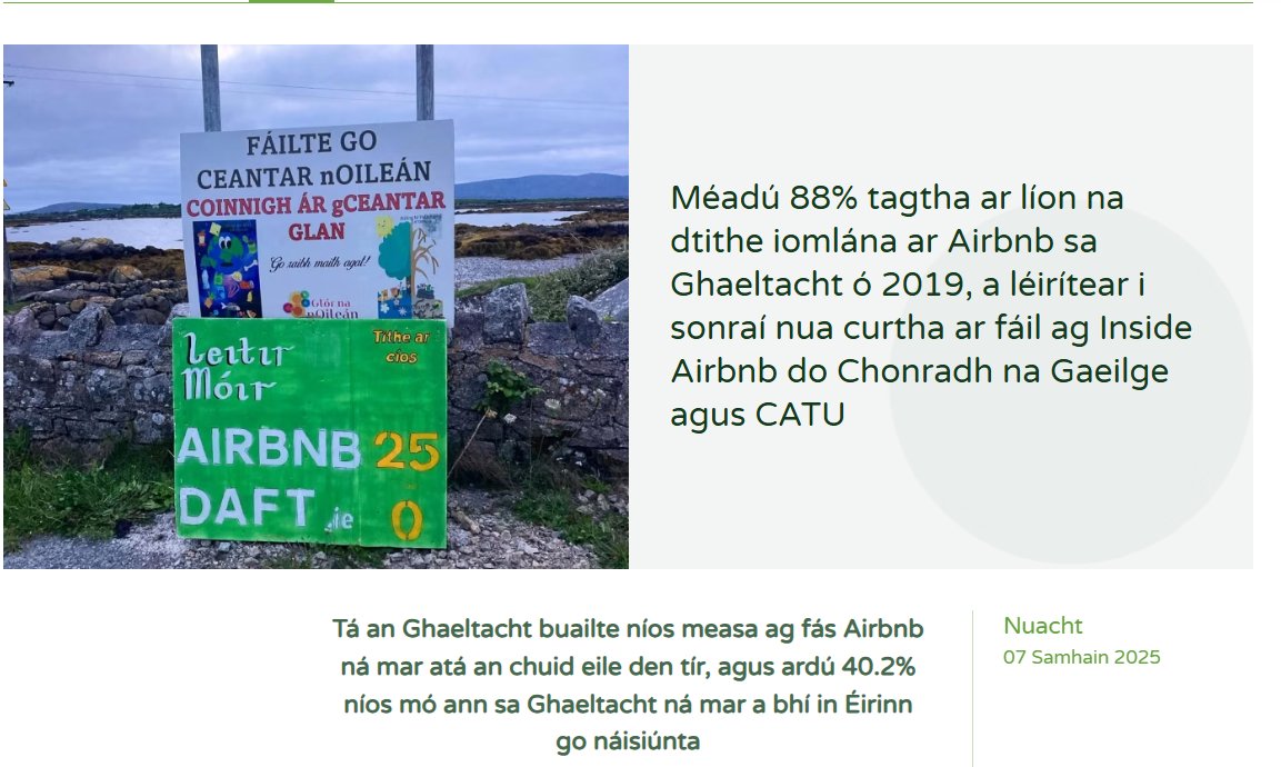 🗣️RÁITEAS NUA: 'Tá an Ghaeltacht buailte níos measa ag fás Airbnb ná mar atá an chuid eile den tír, agus ardú 40.2% níos mó ann sa Ghaeltacht ná mar a bhí in Éirinn go náisiúnta ' 

Ráiteas iomlán: tinyurl.com/52naw465