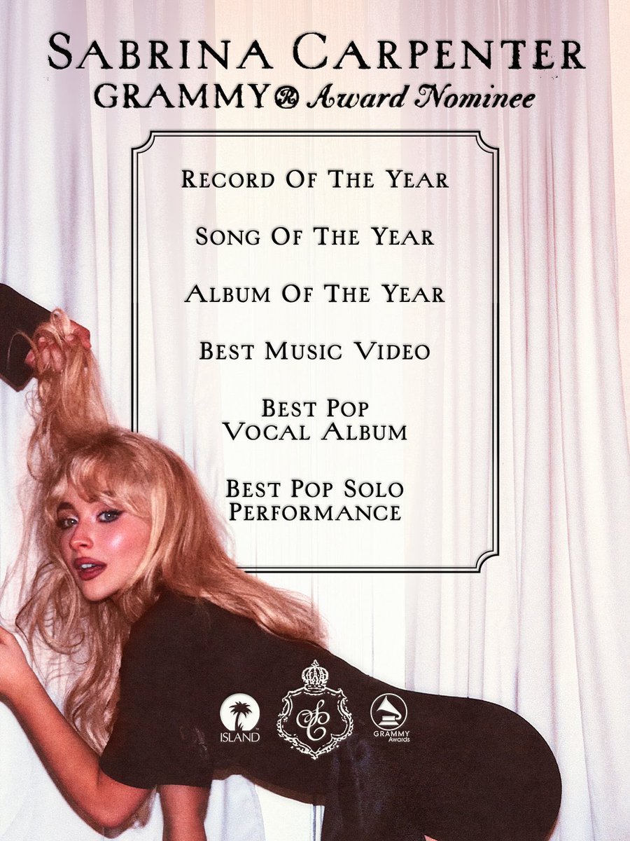 ซาบรีน่ามีชื่อเข้าชิง #GRAMMYs  ปี 2026 ถึง 6 สาขาด้วยกันค่ะ 🥺🤍

Man's Best Friend
- Album of the Year 
- Best Pop Vocal Album

Manchild
- Record of the Year 
- Song of the Year 
- Best Pop Solo Performance 
- Best Music Video