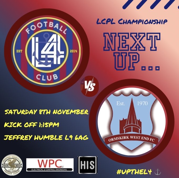 Back at home tomorrow as we welcome <a href="/ormskirkWestEnd/">Ormskirk West End FC</a> in what is always a very good game. We’ll be looking to keep our recent good form going but know it’ll be another tough test. #L4 ⚓️