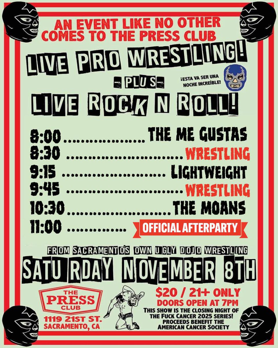 Excited for tomorrow night!

Punk rock music and pro wrestling. Come out and support for a great cause.
