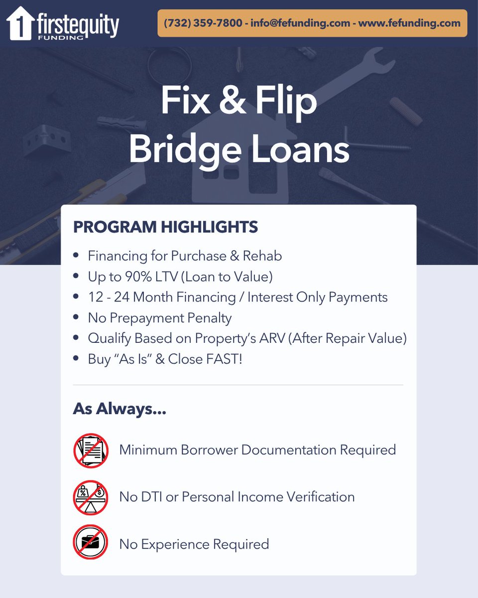 firstequityllc's tweet photo. From Project to Profit — That’s First Equity Funding.

Our Fix &amp; Flip Loans are built for real estate investors who move fast — fund up to 100% of your rehab, close quickly, and get your next project done with confidence.

(732) 359-7800
info@fefunding.com
https://t.co/cF7xY5FOle https://t.co/ccFQqwb3eF