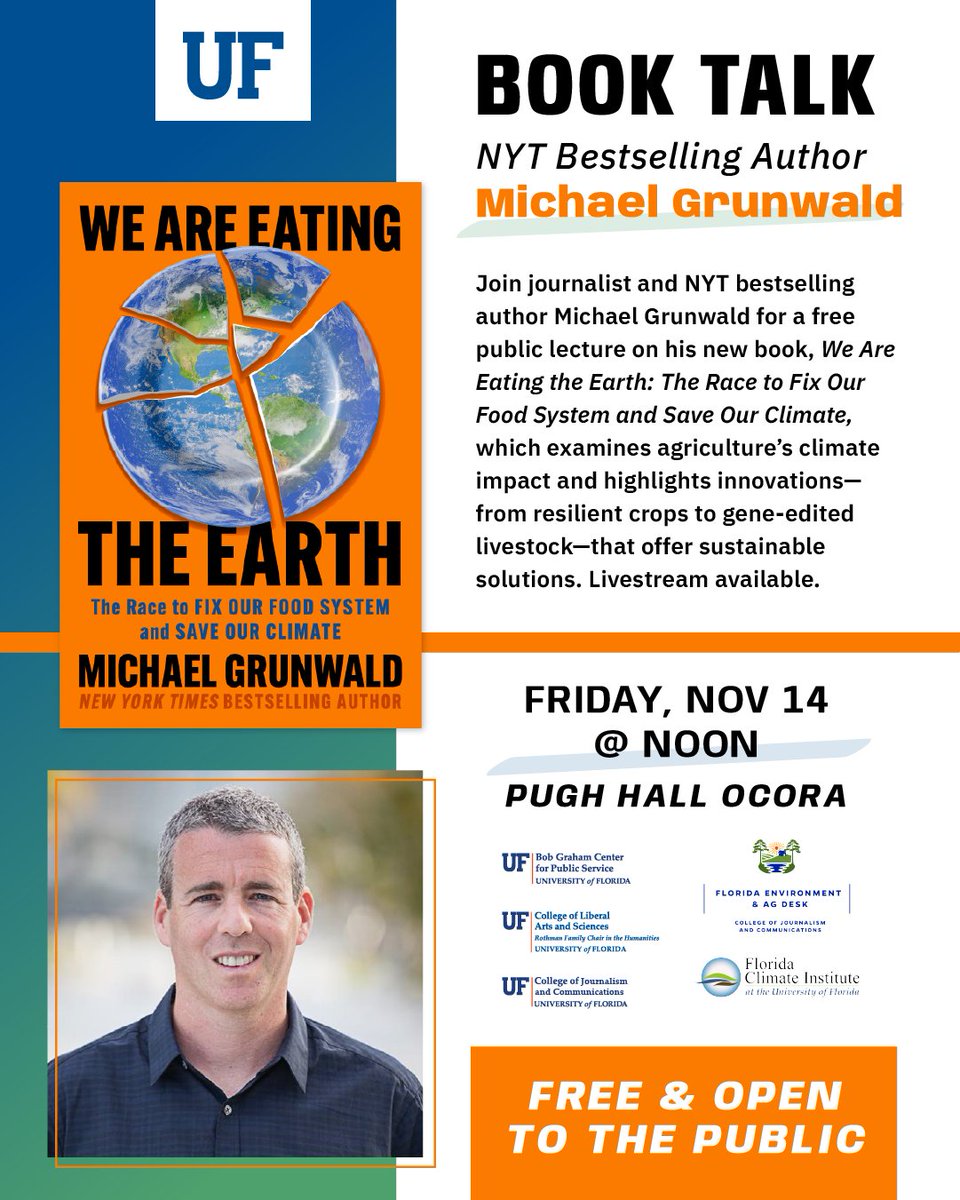 Humanity has cleared land the size of Europe + Asia to grow food—and by 2050, we’ll need even more to feed nearly 10B people.

Join <a href="/MikeGrunwald/">Michael Grunwald</a> Nov. 14 at noon (Pugh Hall Ocora) to discuss We Are Eating the Earth. Free, w/ parking + livestream: calendar.ufl.edu/event/grunwald