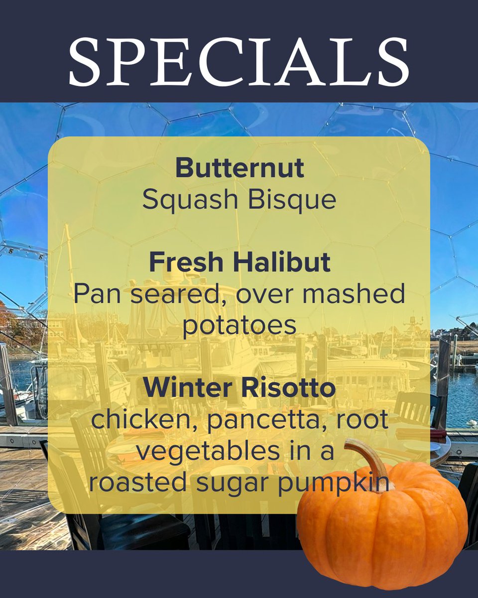 MileMarker_One's tweet photo. This week's specials...while they last.
Butternut Bisque, Fresh pan seared Halibut over mashed potatoes, Winter Risotto served in a pumpkin. Make your plans now book your table or igloo. https://t.co/GTNYeK1DTo https://t.co/b2cGcxTknq