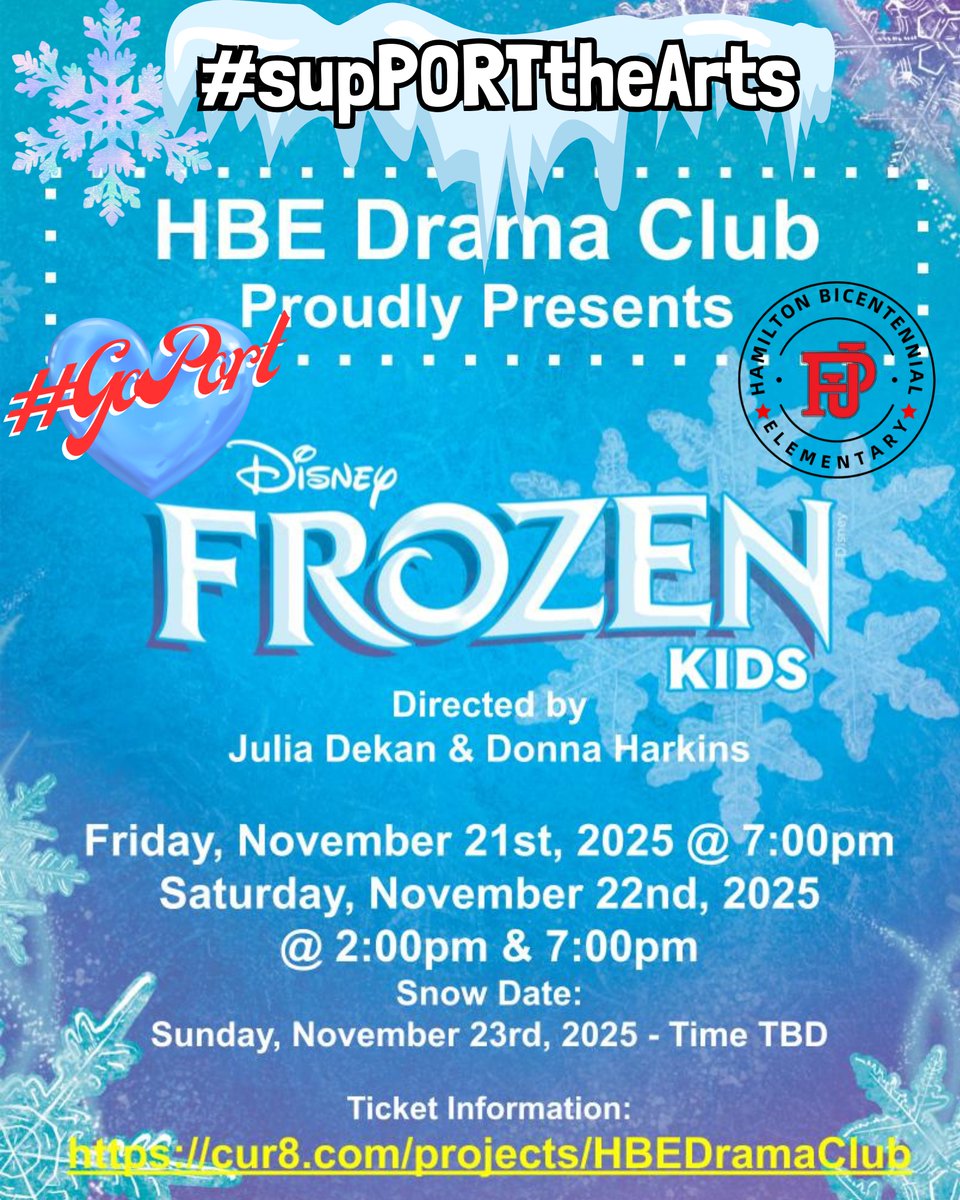 pjschools's tweet image. HBE Drama presents FROZEN Kids.  Friday November 21st @ 7 pm &amp;amp; Saturday November 22nd @ 2 pm &amp;amp;  7pm.

Come see Port's next great show &amp;amp; #supPORTtheArts

You can purchase tix here or at the door:  
cur8.com/projects/HBEDr…  #GoPORT!