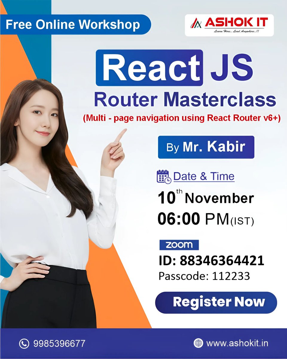 ashokitschool's tweet image. 🚀 Master React JS Routing Like a Pro!
📲 Register Now: tr.ee/zJlsEF

📅 Date: 10th November
🕕 Time: 6:00 PM (IST)
💻 Mode: Online via Zoom
🆔 Zoom ID: 88346364421
🔑 Passcode: 112233

#ReactJS #ReactRouter #WebDevelopment #FrontendDevelopment #JavaScript  #AshokIT