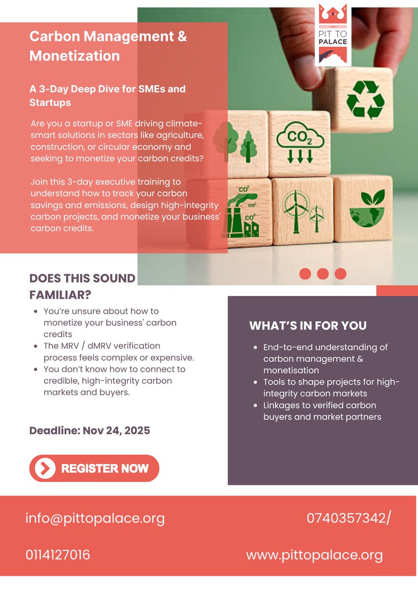 _PtPInitiative's tweet photo. 💡 Your carbon story could earn you revenue.

Join the Carbon Management &amp; Monetization executive training (Nov 25–27, Strathmore Business School) &amp; learn how to measure, manage &amp; monetize your carbon impact.

Register: https://t.co/UIr5fqVolP

#CarbonMarkets #Sustainability https://t.co/DJk2l586He