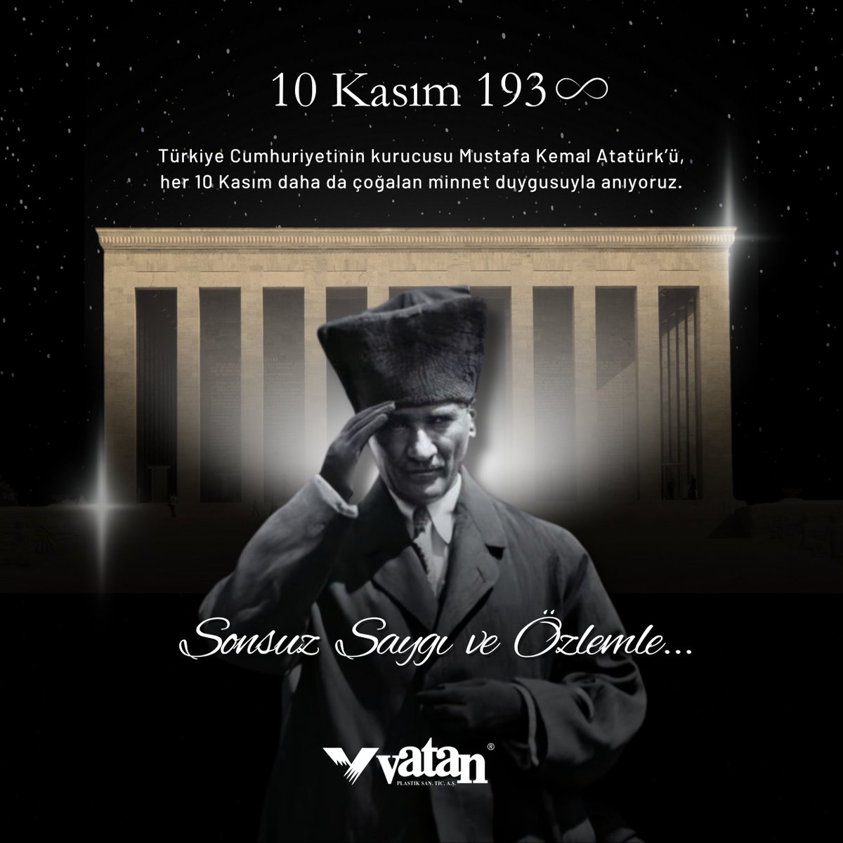 vatan_plastik's tweet photo. Türkiye Cumhuriyeti'nin kurucusu Mustafa Kemal Atatürk'ü, her 10 Kasım daha da çoğalan minnet duygusuyla anıyoruz.

#VatanPlastik #10Kasım https://t.co/DPkDHGhrw0