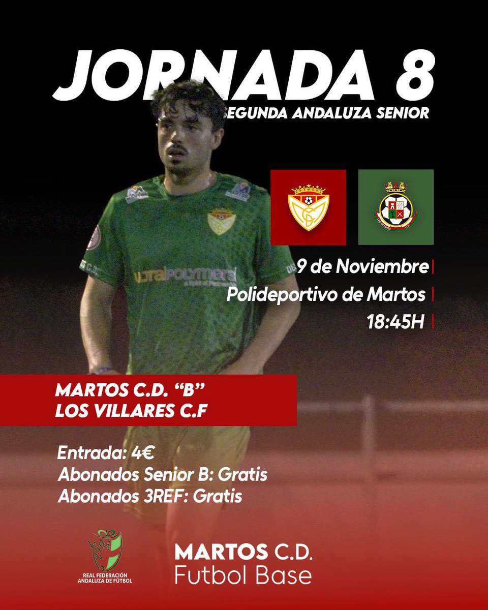 martoscdcantera's tweet photo. 🏟️ Jornada 8 | Segunda Andaluza Senior
Este domingo  nuestro Martos C.D. “B” vuelve a casa para enfrentarse a Los Villares C.F. 💪⚽

📅 9 de noviembre
🕕 18:45h
📍 Polideportivo de Martos

💸 Entrada: 4€
🎟️ Abonados Senior B y 3REF: Gratis https://t.co/qGEopZplmx