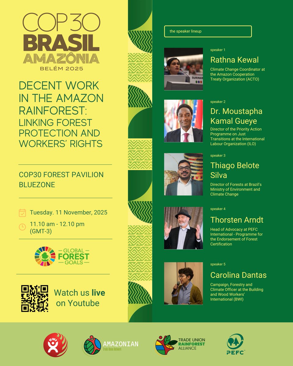 BWIglobal's tweet photo. 📢 LIVE at #COP30 — Forest Pavilion, Blue Zone

Decent Work in the Amazon Rainforest: Linking Forest Protection and Workers’ Rights

🗓️ Tuesday, 11 November 2025
🕚 11:10 – 12:10 (GMT-3)
📍 COP30, Belém — Brazil
🎥 Watch live on YouTube: https://t.co/iw3fihxzGR https://t.co/Sr9UxXs9Vh