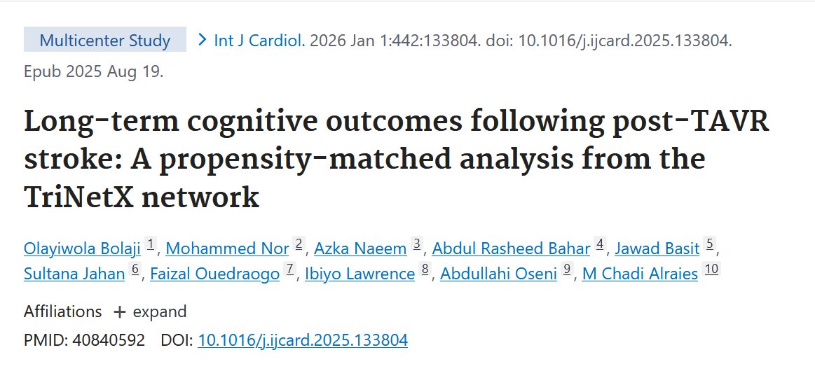mca_heart's tweet photo. 🎉 Congratulations to @Bolaji_oa and team for publishing in @IJCardio under the mentorship of @drabdul  @chadialraies!

🧠 “Long-term Cognitive Outcomes Following Post-TAVR Stroke: A Propensity-Matched Analysis from the TriNetX Network”

🔗https://t.co/OGHfPn0P1j