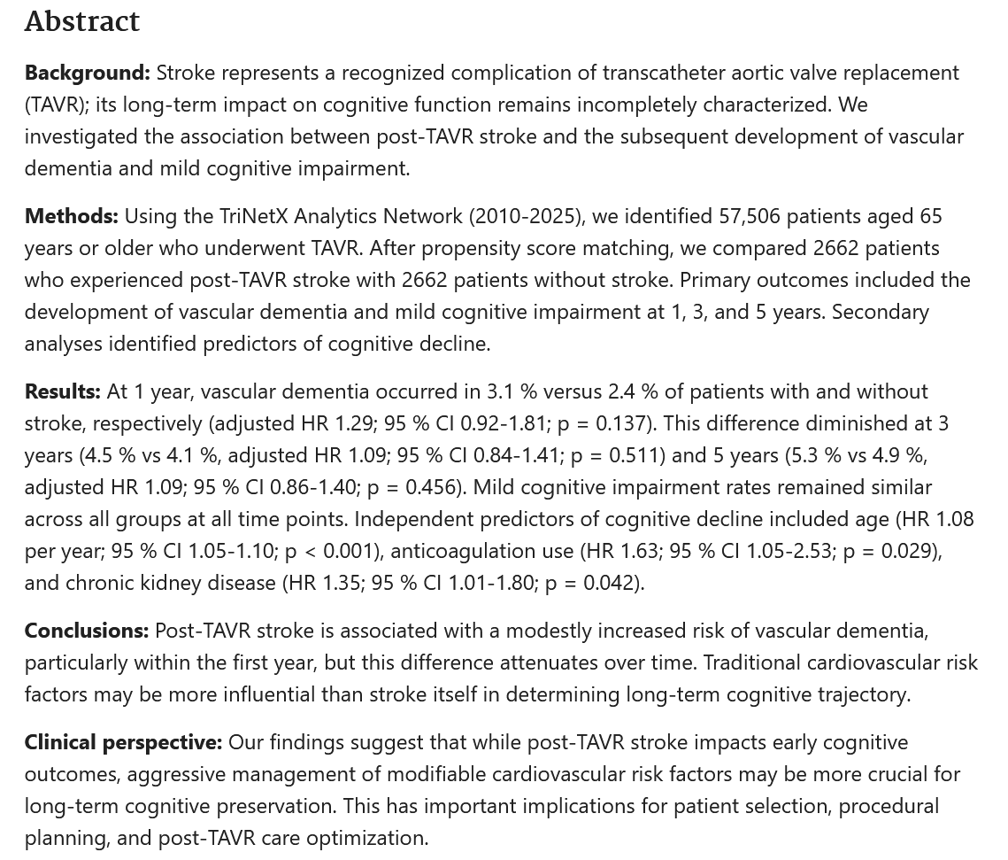 mca_heart's tweet photo. 🎉 Congratulations to @Bolaji_oa and team for publishing in @IJCardio under the mentorship of @drabdul  @chadialraies!

🧠 “Long-term Cognitive Outcomes Following Post-TAVR Stroke: A Propensity-Matched Analysis from the TriNetX Network”

🔗https://t.co/OGHfPn0P1j
