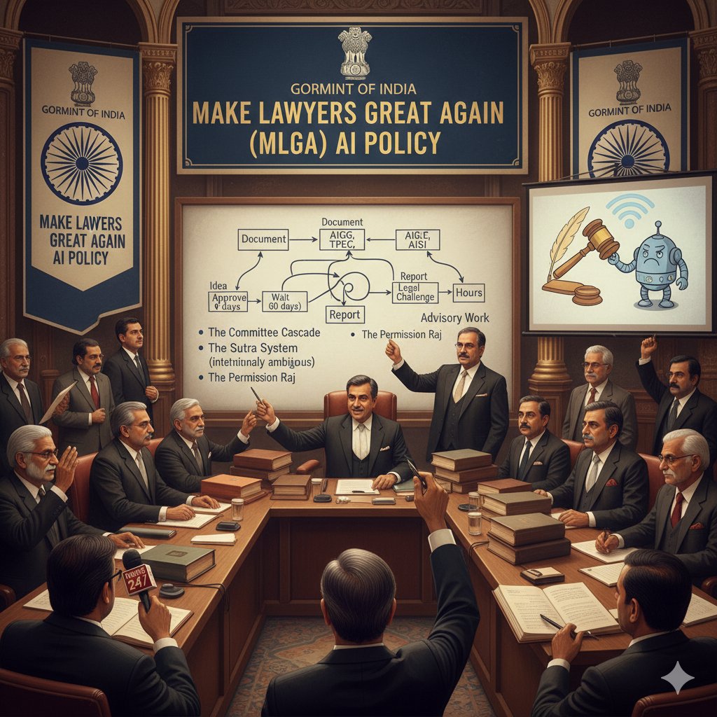 anivar's tweet image. FOR IMMEDIATE RELEASE: Gormint of India Announces Landmark &quot;Make Lawyers Great Again&quot; (MLGA) AI Policy

New Delhi – In a bold move to secure India&apos;s leadership in the global AI race, the Gormint today unveiled its visionary AI Governance Guidelines. This landmark framework is set…