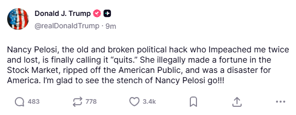PeloSwing's tweet image. President Trump calls Nancy an insider trader 😂👑