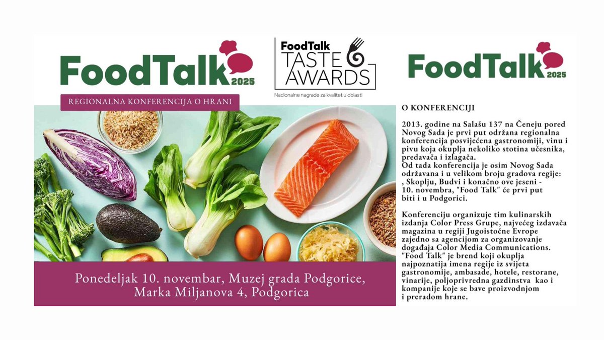 ColorMediaCom's tweet image. Food Talk 2025 stiže u Podgoricu! 10.11, JU Muzeji i galerije Podgorice (Marka Miljanova 4). Organizuju Color Press Group &amp;amp; Color Media Events, pod pokroviteljstvom Sekretarijata za preduzetništvo i investicije Glavnog grada Podgorice. @GradPg @MuzejGalerijePG
#FoodTalk2025