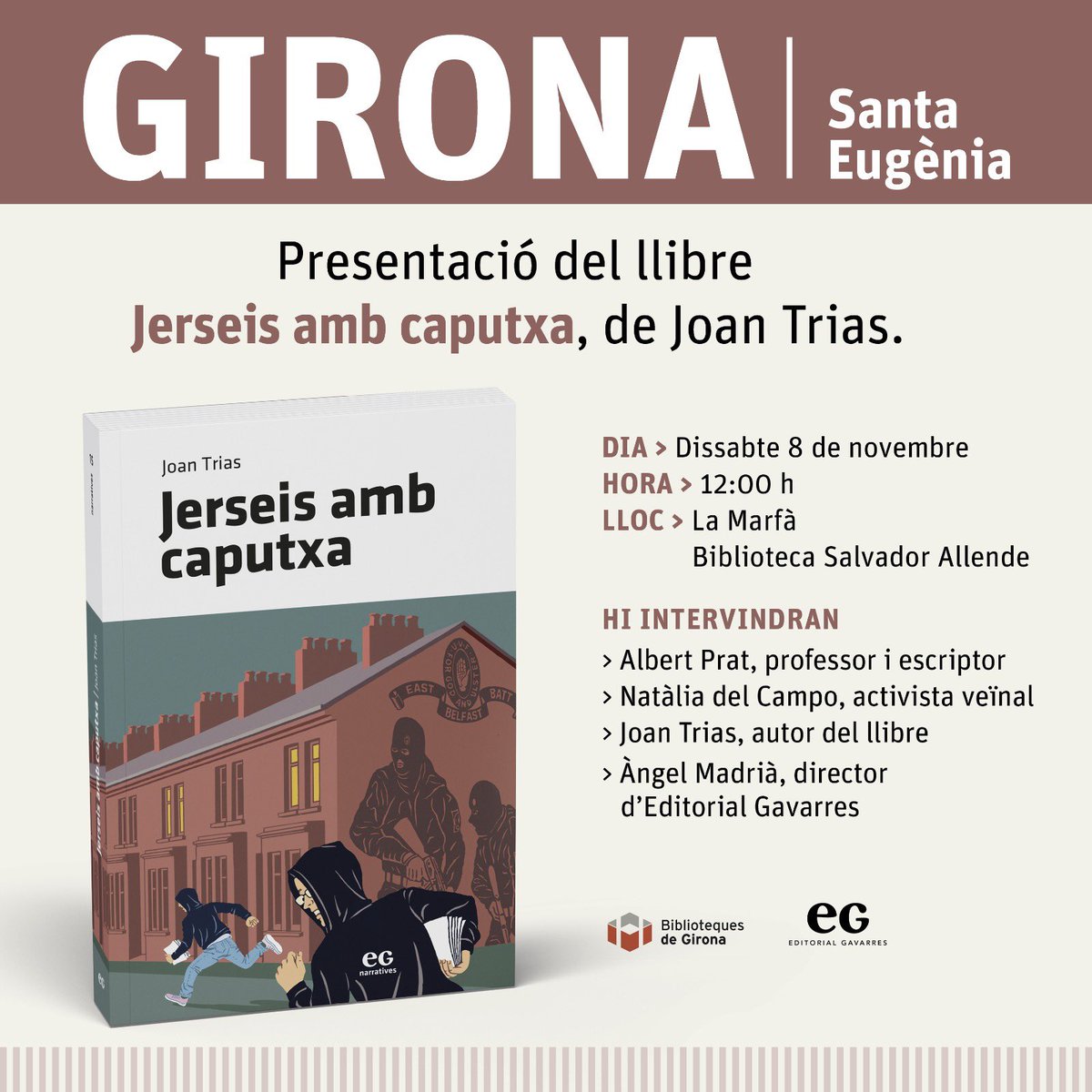 DEMÀ 8/11
Sempre és un plaer compartir el talent dels nostres veïns i veines!!! 
Us convidem a la presentació del llibre *Jerseis amb caputxa* una aventura autobiogràfica que ens presenta en Joan Trias; molts el coneixeu, i si encara no, us ben sorprendrà!!