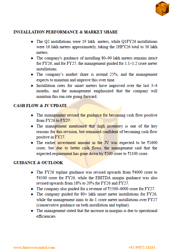 MrFinterest's tweet image. Genus Power Q2FY26 Concall Takeaways ⚡️

Strong quarter with EBITDA up 3x YoY to ₹244 cr and margins improving.
FY26 revenue guidance raised to ₹4,500 cr (20% EBITDA), FY27 seen at ₹5,500–6,000 cr.
Smart meter installs on track — 80–90L this year, 1Cr+ next year.
Working…