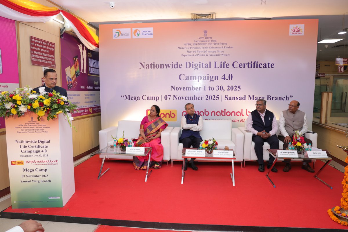 DOPPW_India's tweet photo. Shri V. Srinivas, Secretary (P&PW), inaugurated the Mega Camp organized for pensioners by Punjab National Bank on 7th November, 2025 at Sansad Marg Branch, Delhi, under Nationwide DLC Campaign 4.0. A medical Camp was also organized by the Bank for the convenience of the pensioners attending the Camp for DLC generation.
#DLCCampaign4

@PMOIndia @narendramodi @DrJitendraSingh
@svoruganti1466 @pnbindia  @DARPG_GoI
@DoPTGoI @mygovindia @PIB_India @DDNewslive @AkashvaniAIR