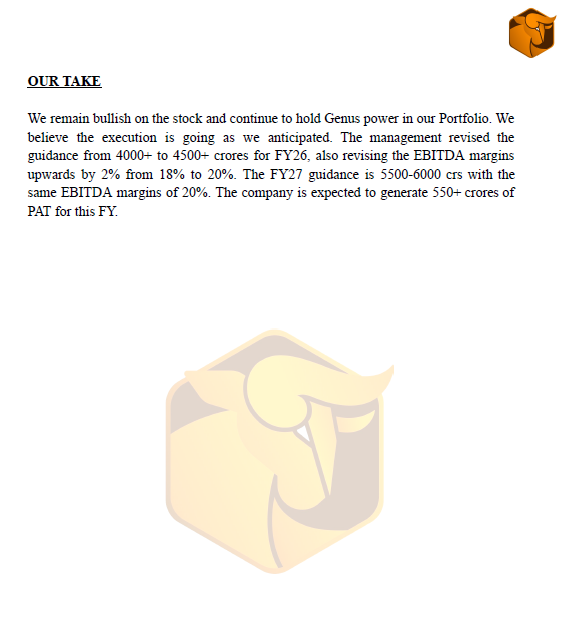 MrFinterest's tweet image. Genus Power Q2FY26 Concall Takeaways ⚡️

Strong quarter with EBITDA up 3x YoY to ₹244 cr and margins improving.
FY26 revenue guidance raised to ₹4,500 cr (20% EBITDA), FY27 seen at ₹5,500–6,000 cr.
Smart meter installs on track — 80–90L this year, 1Cr+ next year.
Working…