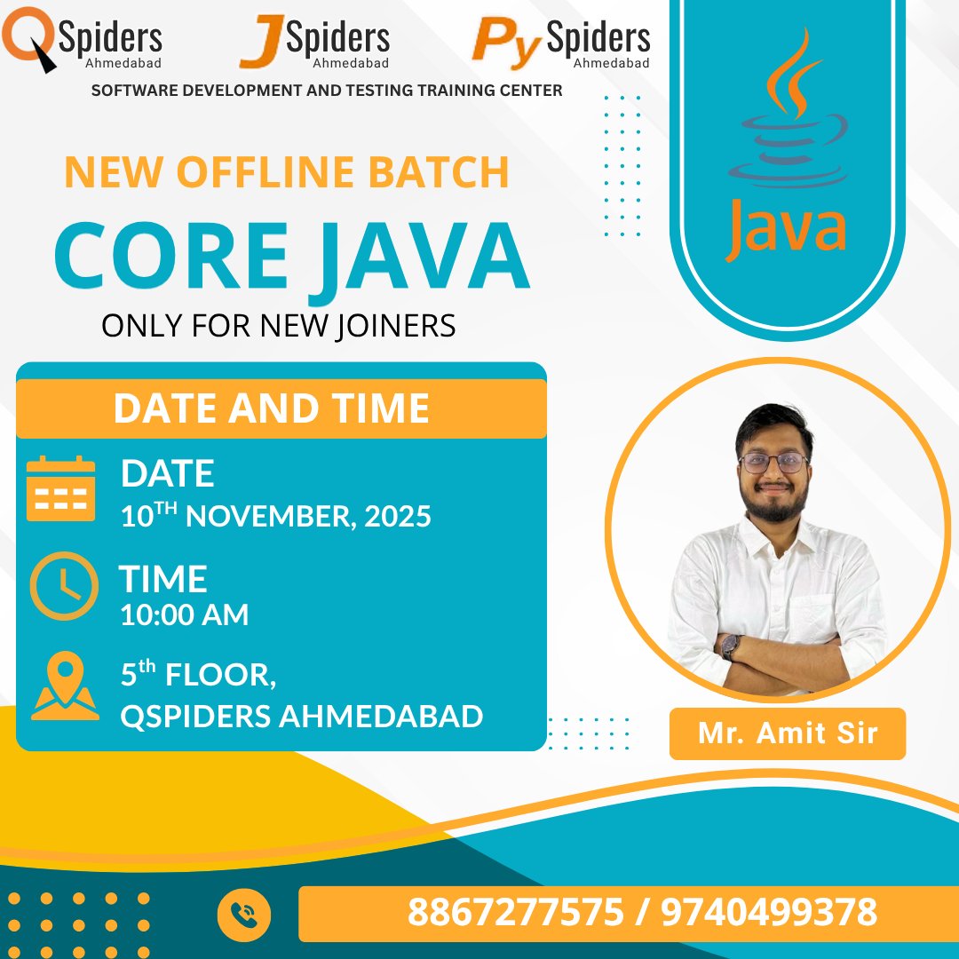 QspAhmedabad's tweet image. 🚀 New Batch Alert! 🚀
New Core Java batch is starting soon by Mr. Amit Sir!
Only for new joiners! 💻
Get ready to level up your coding skills with the best in the industry. 🔥
#QSpidersAhmedabad #CoreJava #NewBatch #JavaTraining #LearnWithExperts