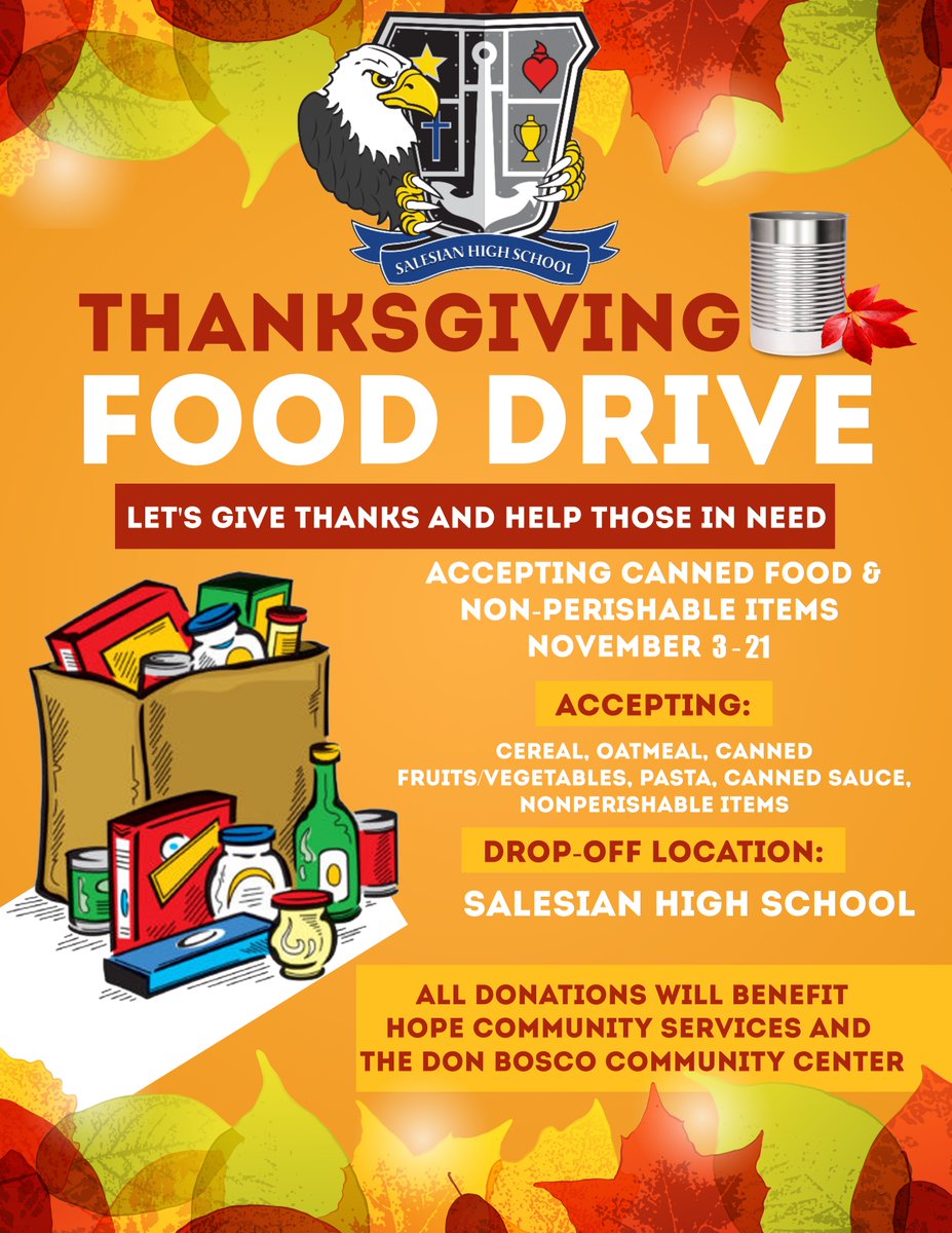 Salesian High kicks off its annual Thanksgiving Food Drive! 🦃

Now through Nov. 21, our goal is 12,000 food items to support Don Bosco Community Center (Port Chester) &amp; Hope Community Services (New Rochelle). 🙏

Donations welcome—call 914-632-0248 to help! #SalesianStrong