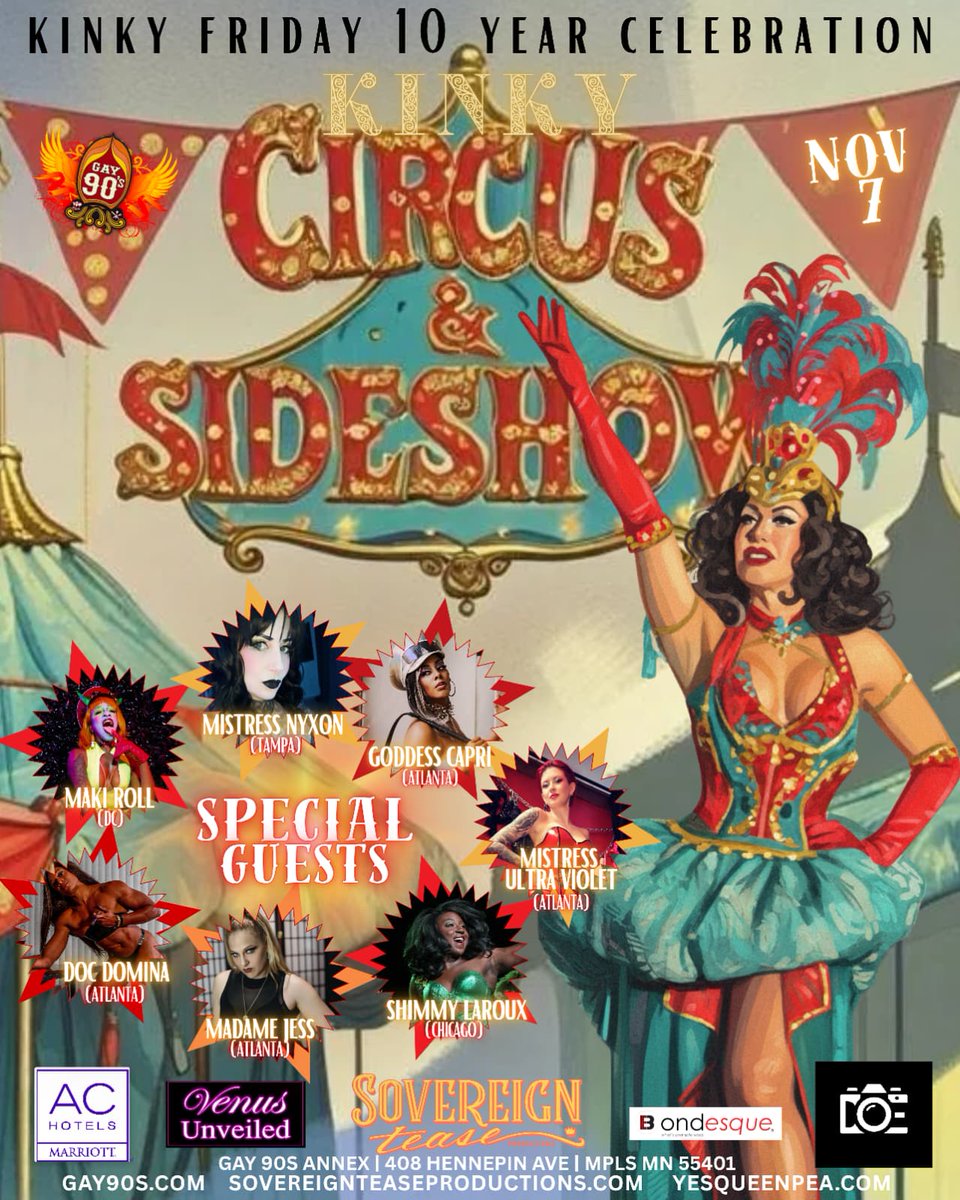 For one night only you'll have the opportunity to celebrate #kinkyfridaympls' 10th anniversary with Me and My sisters. 

Will I see you tonight <a href="/Gay90s/">Gay90s</a>?

<a href="/yesqueenpea/">Queen Pea 👑 Dallas 11/14-18</a>
<a href="/Ms_Ultra_Violet/">MISTRESS ULTRA VIOLET Atlanta Dominatrix</a> 
<a href="/MyMadamJess/">Madam Jess- Atlanta Dominatrix</a> 
<a href="/DocDomina/">Doc Domina-ATL 💪🏾🍑🦵🏾MPLS 11/6-9</a> 
<a href="/TheRealNyxon/">Mistress Nyxon</a>