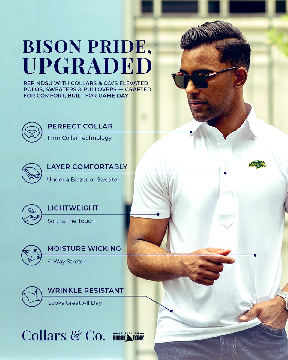NDSUlicensing's tweet photo. Elevate your NDSU look with Collars & Co.’s performance polos, sweaters, and pullovers.
Use code NDSU20 for 20% off your first purchase at https://t.co/jrXDXvgsbk.
#BisonPrideFriday
#CollarsAndCo #WherePerformanceMeetsPresence https://t.co/neB8ZQ2ONp