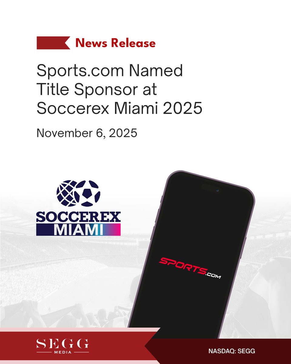 📢 NEWS RELEASE: We’re thrilled to announce that Sports.com is the Title Sponsor of Soccerex Miami 2025, happening on November 12–13, 2025 at the Miami Beach Convention Center. 

Read: ordnl.link/7tRi48v

🇺🇸 #NASDAQ: $SEGG
