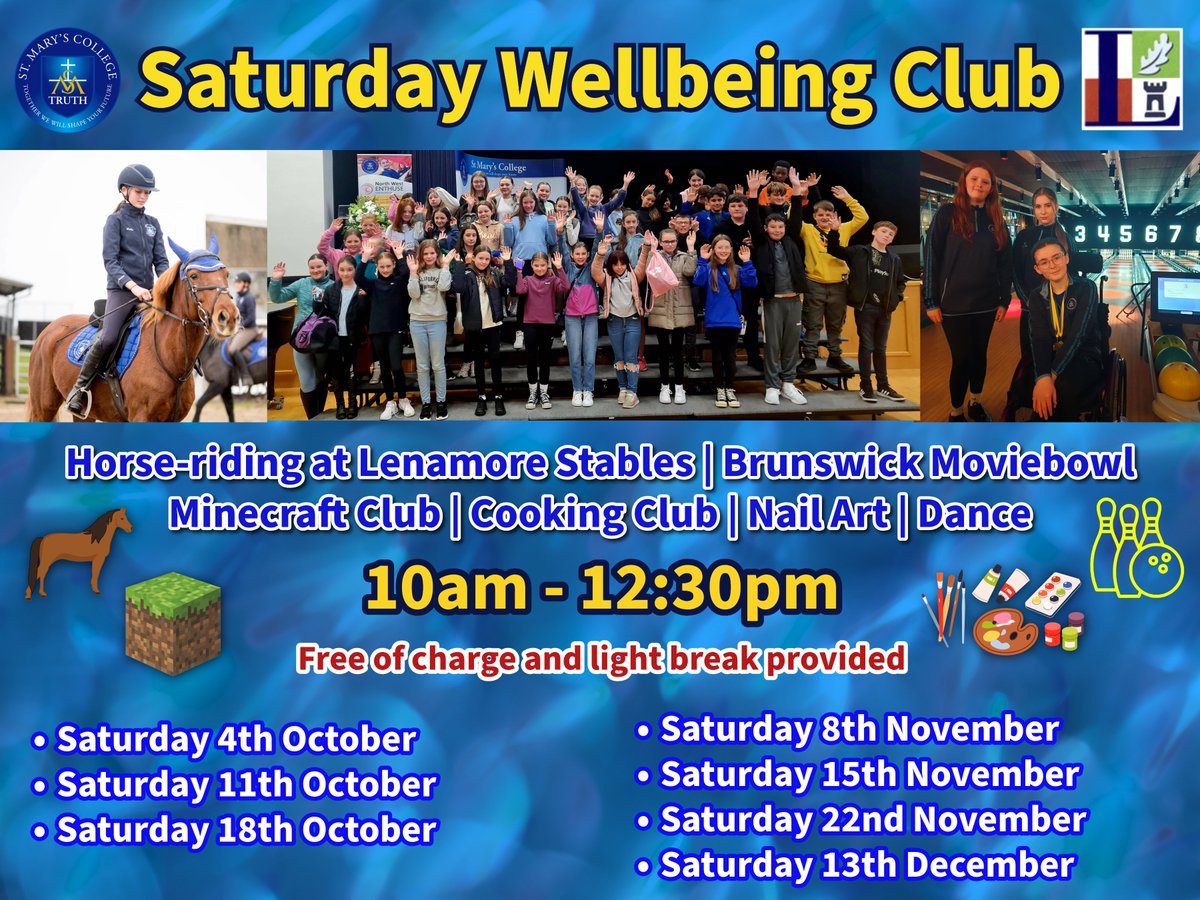 SaintMarysDerry's tweet image. Saturday Wellbeing Club - St Mary&apos;s College &amp;amp; @LisnealCollege  

🗓️This Saturday – 8th November at St Mary&apos;s College

🕙Time: 10:00 AM – 12:30 PM

Join us for a fun-filled morning with FREE activities