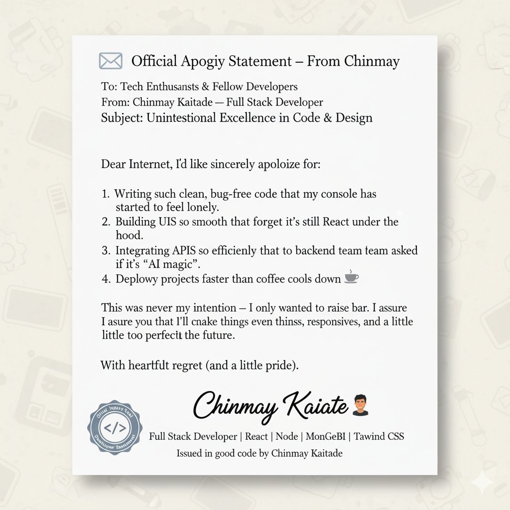 chinmaydotcom's tweet image. 💌 Official Apology Statement

#ApologyTrend #DeveloperLife #FullStackDev #ReactJS #TechHumor #CodingCommunity #ChinmayCodes #Portfolio
