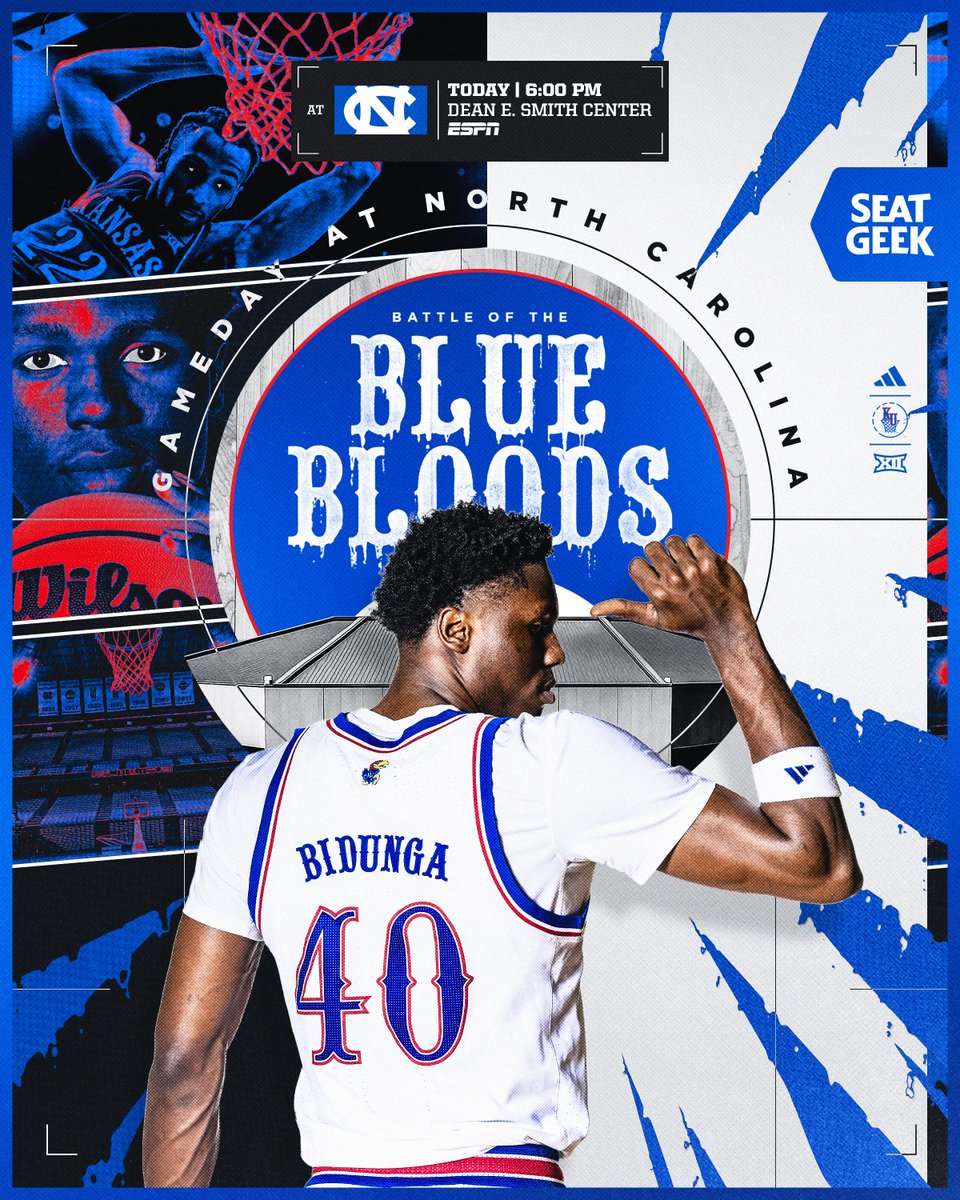 It's a Blue Blood type of day. 

👉 at North Carolina
⏰ 6 PM CT
📍 Dean E. Smith Center
📺 ESPN
🎙️ Jayhawk Sports Network

#RockChalk | <a href="/SeatGeek/">SeatGeek</a>