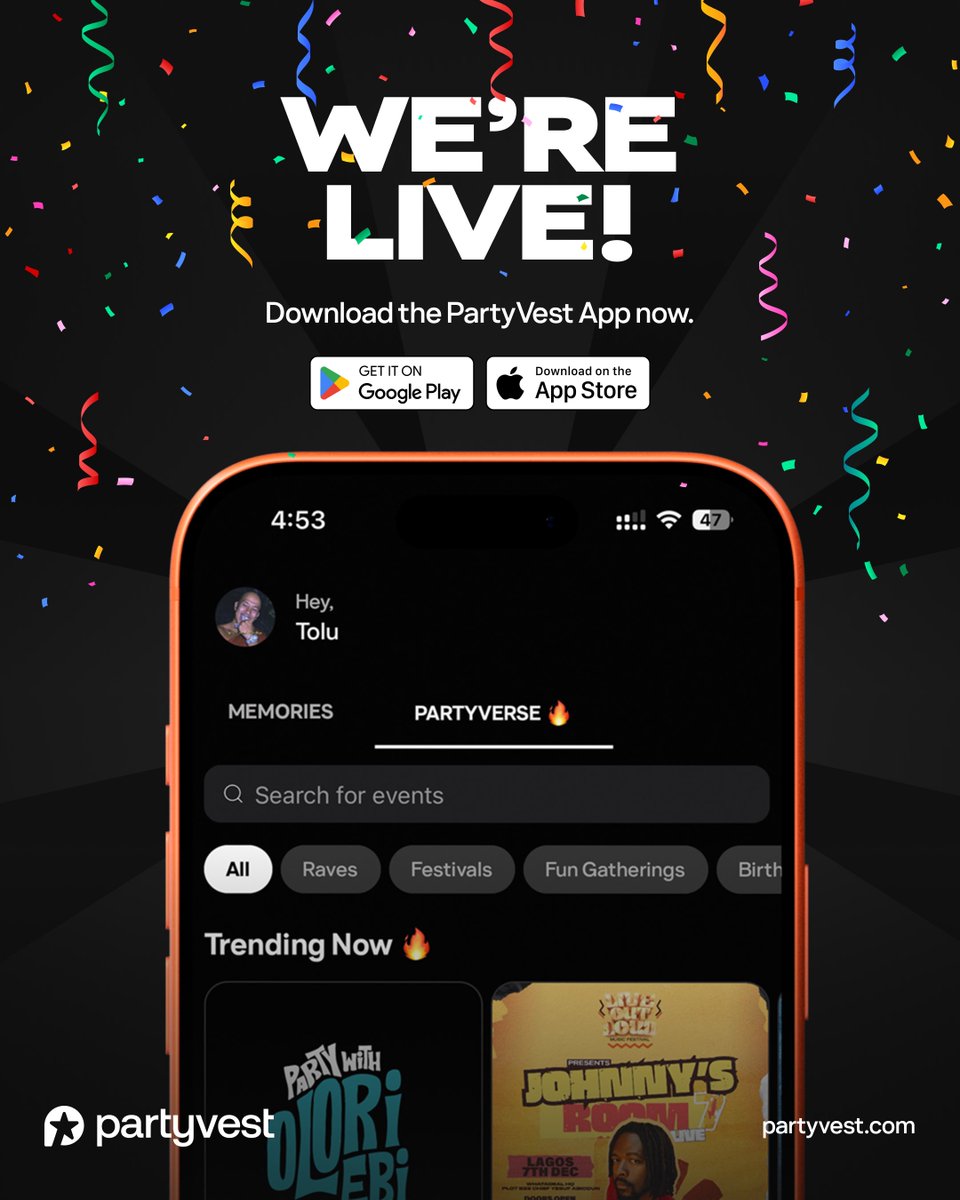 guys, <a href="/partyvest/">PartyVest</a> is live. 🙂‍↔️
ARE YOU READYYYY TO PARTAAYYY?

s/o to <a href="/daniielezeh/">ezeh.</a>, <a href="/tolufig/">tolu</a>, <a href="/iamlekanphilip/">pHiLo ✨</a>, <a href="/layothebaby/">layo</a> and the other insane creatives that pulled this off. 

For the rest of you 🫵🏽
Download the App aj designed.