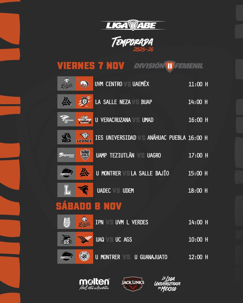 🗓️ #AgendaABE DII Femenil.

Resultados y Estadísticas en abemexico.org
#LigaABE | #MoltenMéxico | #JackLinksLatam