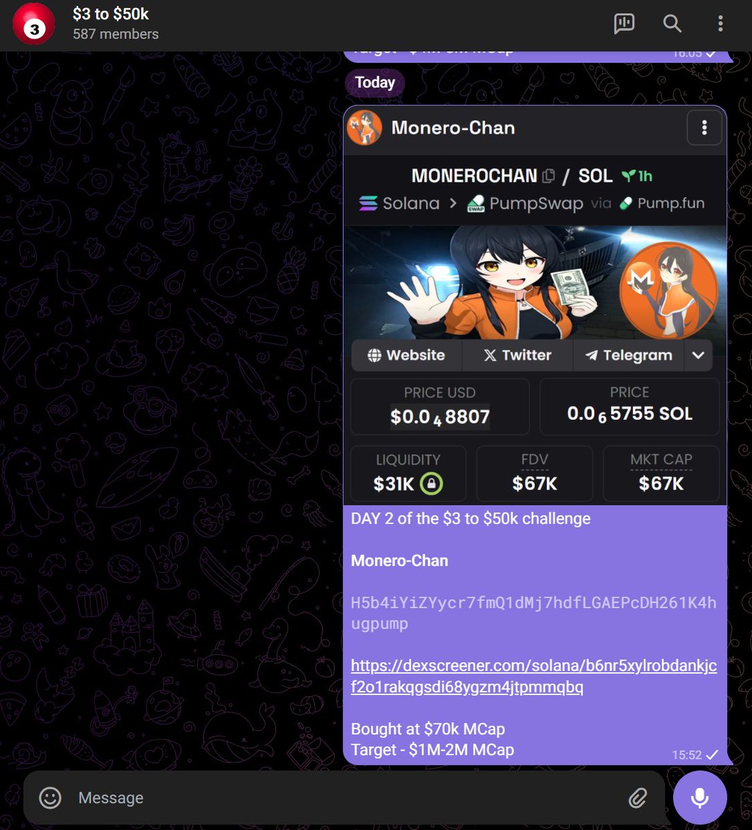 DAY #2 of the $3 to $50k challenge

Today, we bagged $MONEROCHAN    

Flipped at 2M MCap - 28x gains                
Account balance: $3 696               

Adding 1000 participants                 
Accepted so far: 587/1000                        

Wanna join? Here’s how: