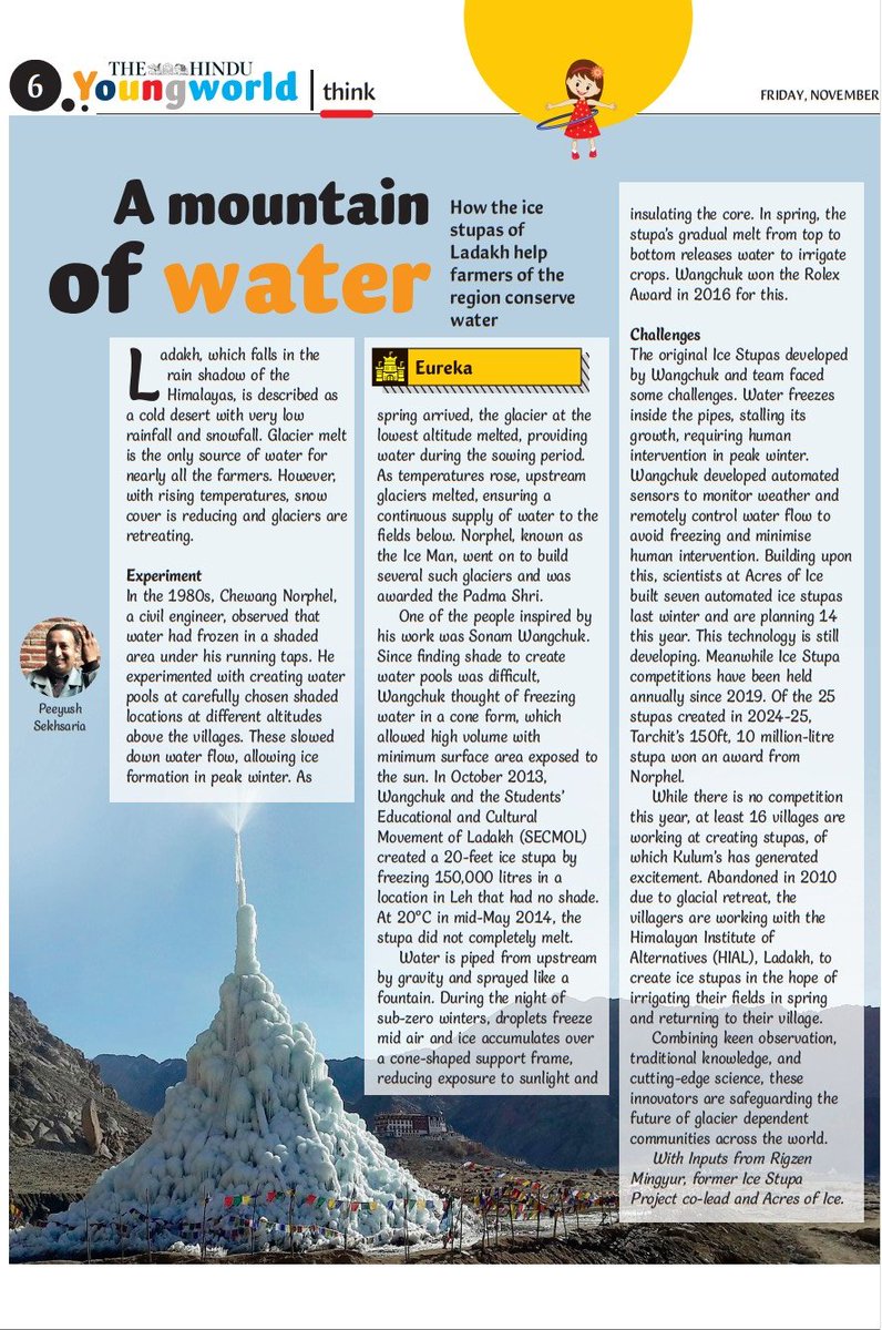 A Mountain of Water! As part of my column fr the children's paper
<a href="/the_hindu/">The Hindu</a> <a href="/thehinduyw/">The Hindu Young World</a>
I wrt abt th #artificialglaciers of #Ladakh &amp; th brilliant minds behind them #chewangnorphel <a href="/Wangchuk66/">Sonam Wangchuk</a> <a href="/AcresofIce/">Acres of Ice</a> <a href="/RigzenMingyur/">Rigzen Mingyur</a> #HIAL #SECMOL #Glaciers #Himalaya #climatechange