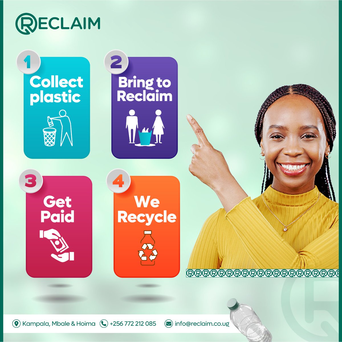 Did you know? 
Every kilogram of plastic you bring to our collection hubs in Hoima, Kampala, and Mbale earns you cash.

The more you collect, the more you earn — it’s that simple. For more information, contact us at +256-772-212-085.
#Reclaimwithus 
#bringyourplastic