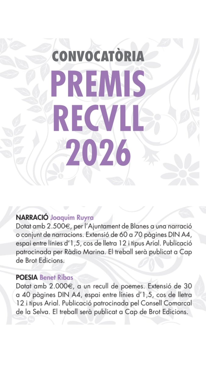 ‼️ Ei! Teniu un manuscrit al calaix i voleu guanyar uns calerons i publicar-lo a Cap de Brot? 

🏆 Els Premis Recvll han publicat les bases de participació. Podeu consultar-les a l'enllaç: cultura.gencat.cat/web/.content/i…

⌛ Teniu fins al 21 de desembre!