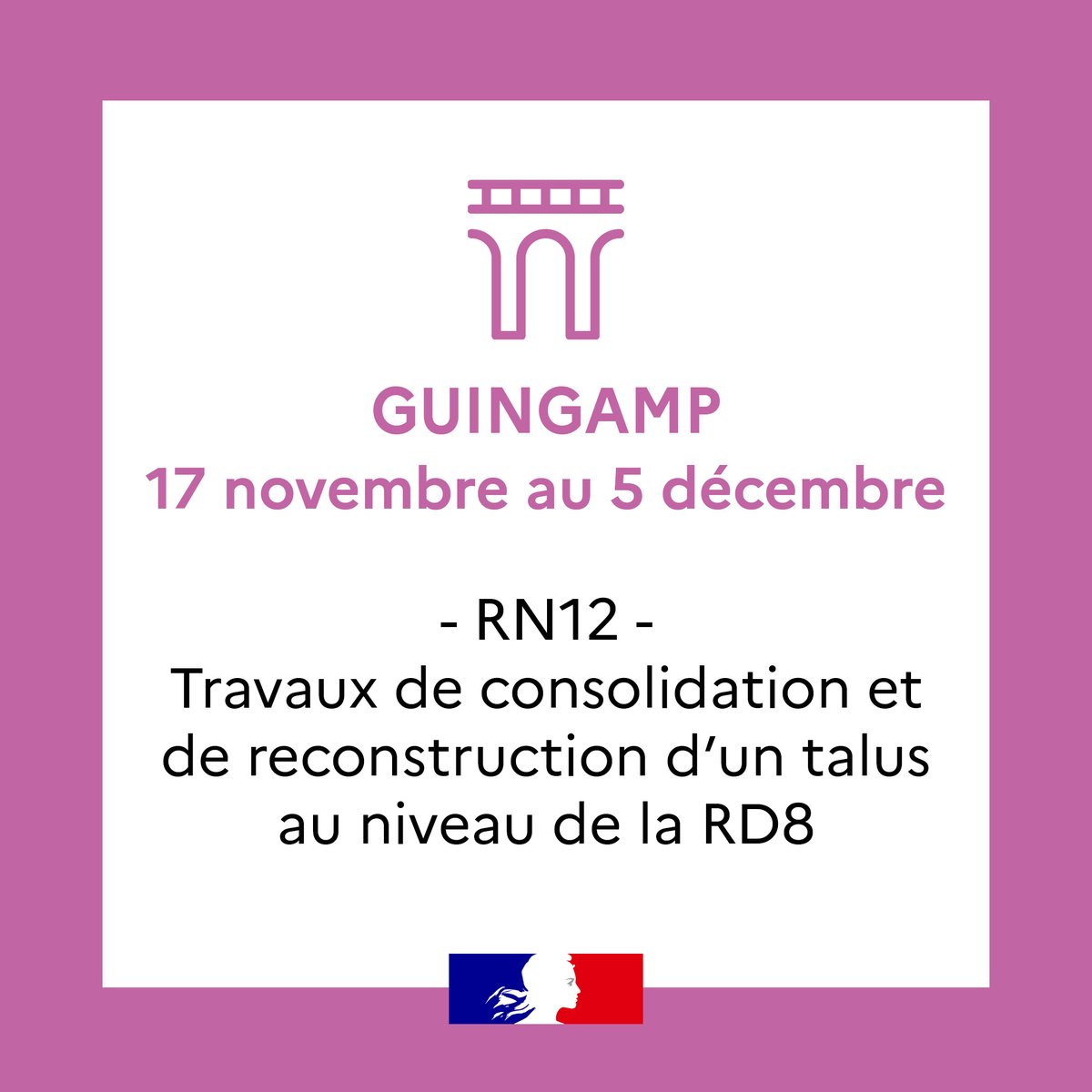 #Travaux 🚧| Lundi, début des travaux de consolidation et de reconstruction d’un talus sur la RN12 à Guingamp :
▪ Neutralisation de la bande d'arrêt d'urgence vers St Brieuc
▪ Fermeture de la RD8 sous la RN12
▪ Baisse de la vitesse à 70km/h
+ d'infos👉 diro.fr