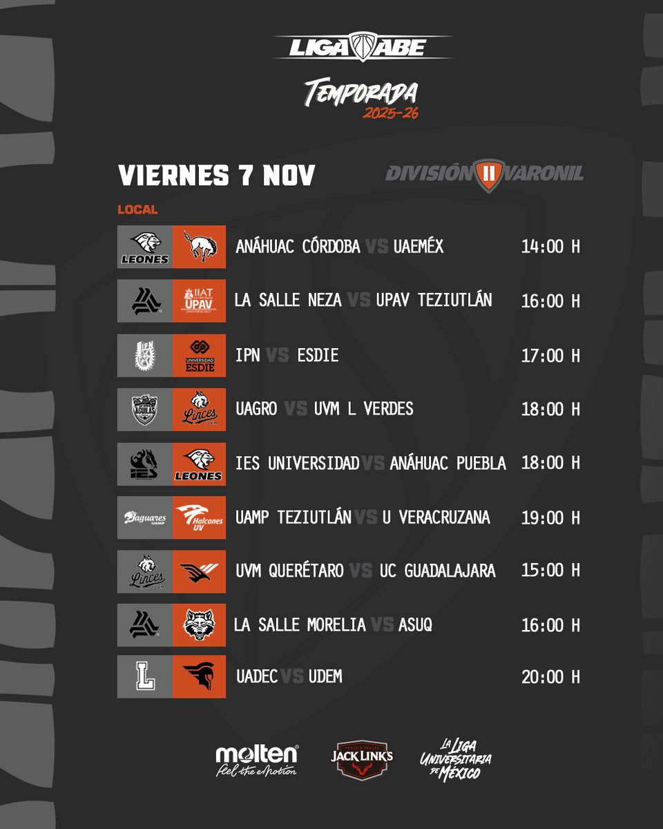 🗓️ #AgendaABE DII Varonil.

Resultados y Estadísticas en abemexico.org
#LigaABE | #MoltenMéxico | #JackLinksLatam