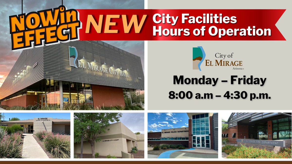 New Hours Now in Effect. El Mirage has moved to a five-day operational schedule in order to provide access to City services Monday through Friday, 8 a.m. to 4:30 p.m. Emergency services are available 24/7, and many services/requests can be handled online. elmirageaz.gov/808/Facility-H…