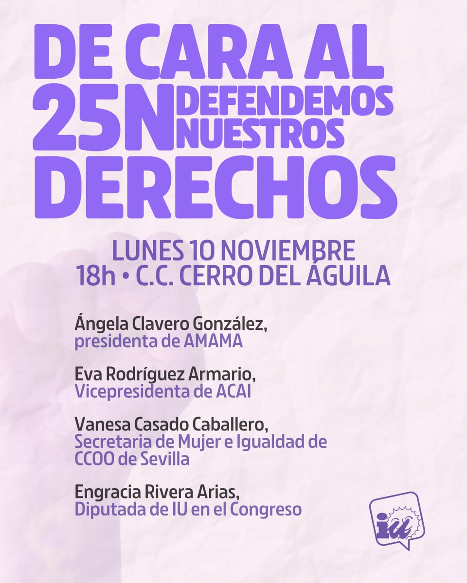 Comenzamos calentando motores para el #25N, Día Internacional Contra la Violencia Machista, con esta interesante charla organizada por las compañeras de <a href="/iusevillaciudad/">IU Sevilla ciudad🔻</a>.