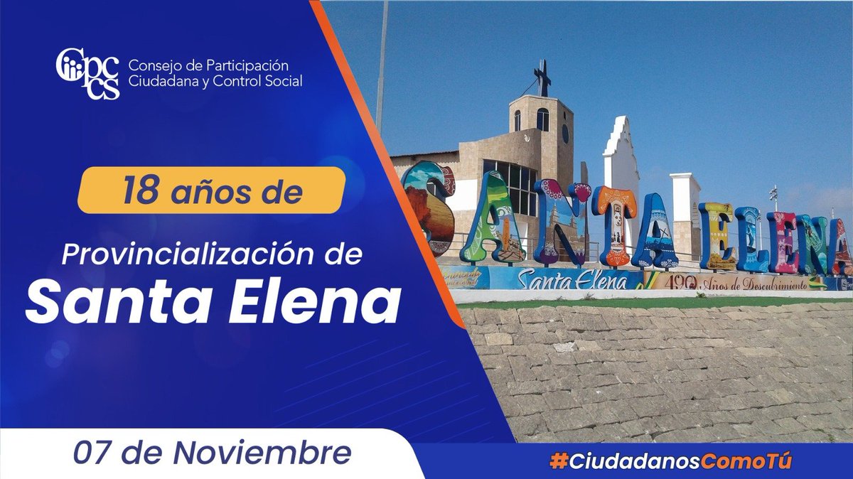 Felicidades a Santa Elena por sus 18 años de provincialización.

Desde el CPCCS enviamos un saludo fraterno a su población, que con esfuerzo y compromiso impulsa el progreso y la participación ciudadana en el país.